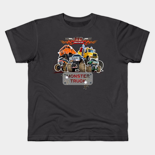 Cartoon Monster Trucks Kids T-Shirt by Mechanik